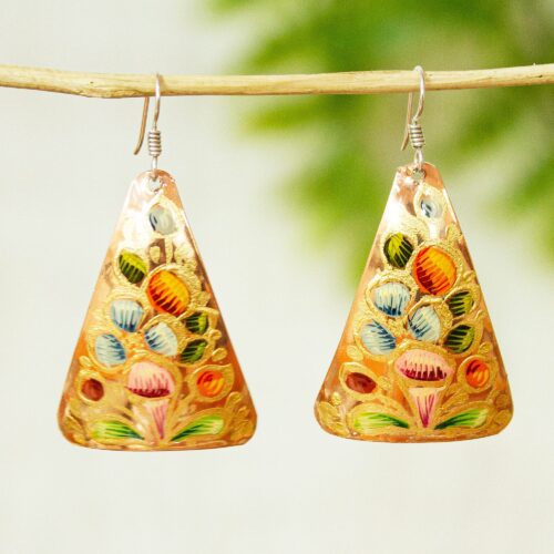 Hand Painted Copper Triangular Dangle Earrings from Mexico, 'Floral Pyramid'