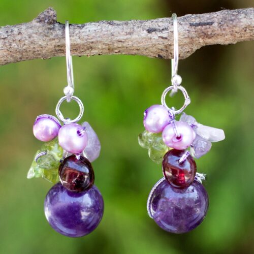 Handcrafted Amethyst and Pearl Dangle Earrings, 'Bright Bouquet'