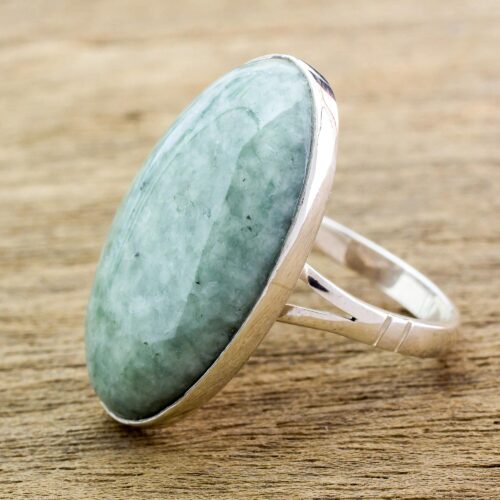 Handcrafted Minimalist Forest Green Jade and Silver Ring, 'Shades of Green'