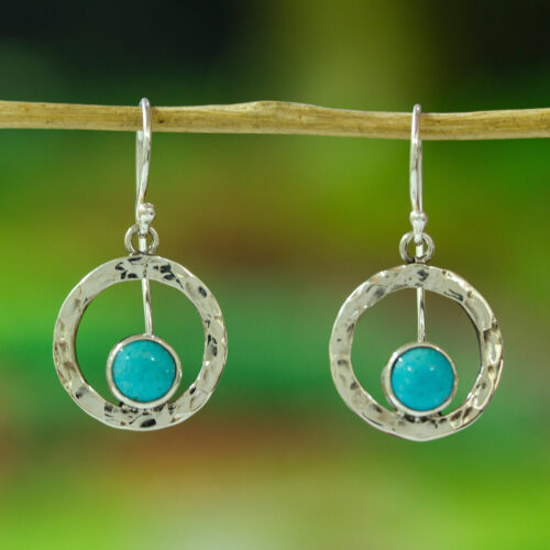 Handcrafted Modern Fine Silver and Natural Turquoise Earring, 'Eye of the Sea'