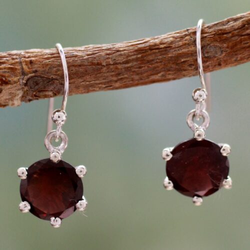 Handcrafted Sterling Silver and Garnet Earrings, 'Scarlet Solitaire'