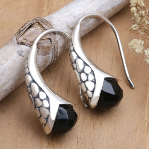 Handcrafted Sterling Silver Onyx Drop Earrings Indonesia, 'Midnight Spell'