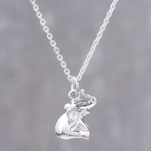 Handcrafted Sterling Silver Pendant Necklace, 'Laughing Elephant'