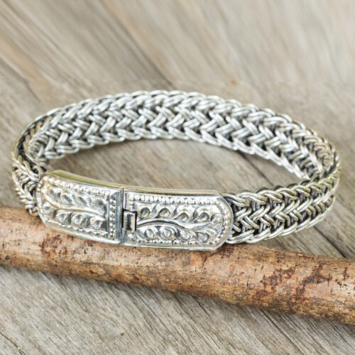 Handcrafted Sterling Silver Wristband Bracelet, 'Mayom Tree'