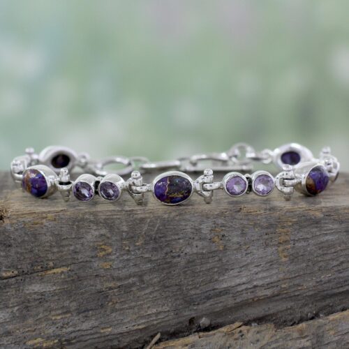 Handmade Amethyst and Reconstituted Turquoise Link Bracelet, 'Purple Song'