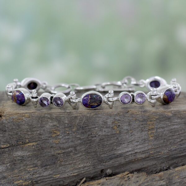 Handmade Amethyst and Reconstituted Turquoise Link Bracelet, 'Purple Song'