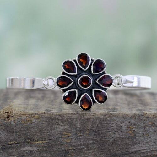 Handmade Garnet and Sterling Silver Floral Bangle Bracelet, 'Garnet Floral'