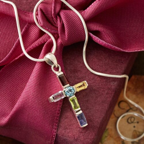 Handmade Multigem Cross Sterling Silver Religious Choker, 'Kolkata Cross'