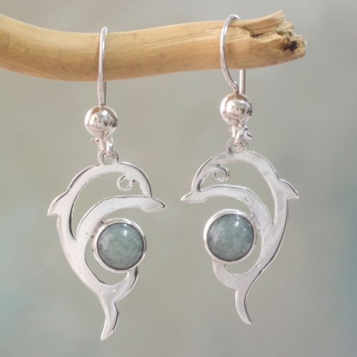 Handmade Silver Dolphin Earrings with Light Green Maya Jade, 'Pale Green Dolphin'