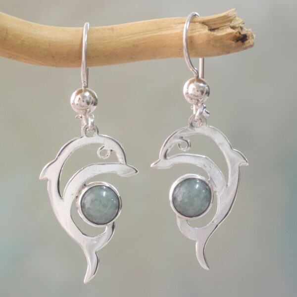Handmade Silver Dolphin Earrings with Light Green Maya Jade, 'Pale Green Dolphin'