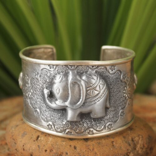 Handmade Sterling Silver Cuff Bracelet, 'Hill Tribe Elephants'