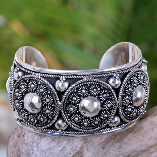 Handmade Sterling Silver Cuff Bracelet with Floral Motifs, 'Modern Traditions'