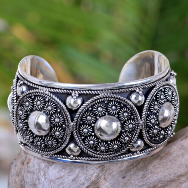 Handmade Sterling Silver Cuff Bracelet with Floral Motifs, 'Modern Traditions'