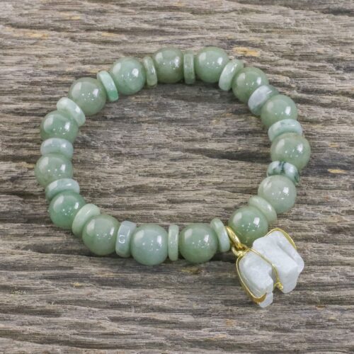 Jade Beaded Bracelet Handmade in Thailand with Elephant, 'Jade Elephant'