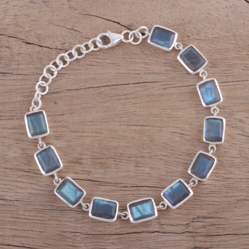 Labradorite and Sterling Silver Link Bracelet from India, 'Natural Rectangles'