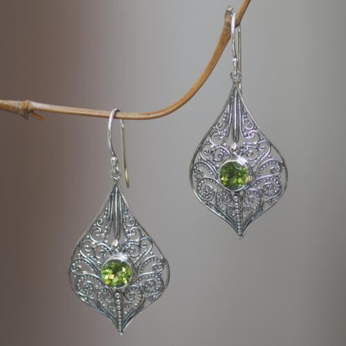 Lacy Sterling Silver Dangle Earrings with Peridot Gems, 'Shine On'