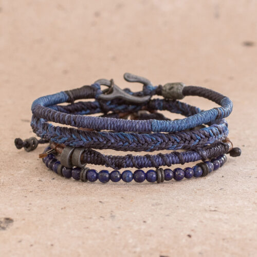 Lapis Lazuli and Leather Bracelets from Guatemala (Set of 4), 'Rugged Vibes'