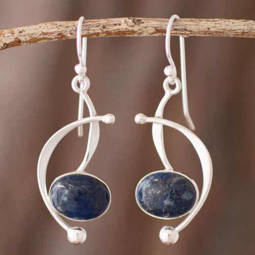Lapis Lazuli and Sterling Silver Dangle Earrings from Peru, 'Crescent Eyes'