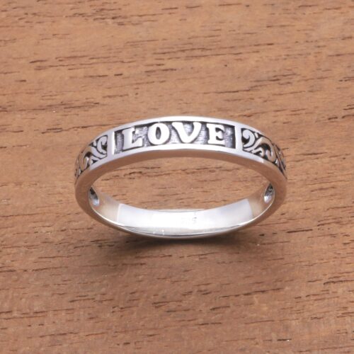 Love-Themed Sterling Silver Band Ring from Bali, 'Love Swirls'