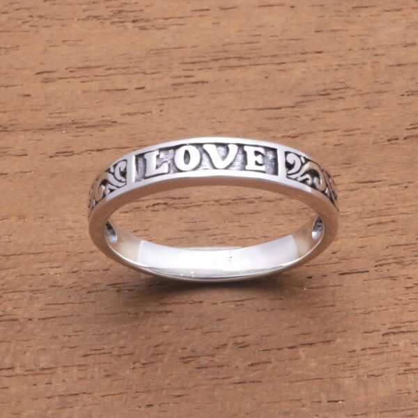 Love-Themed Sterling Silver Band Ring from Bali, 'Love Swirls'