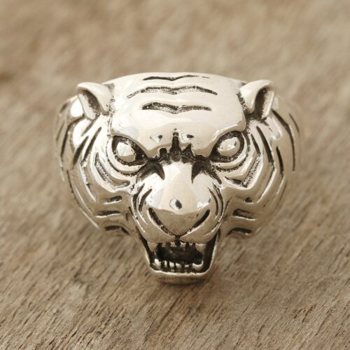 Men's Sterling Silver Tiger Ring Crafted in India, 'Ferocious Tiger'