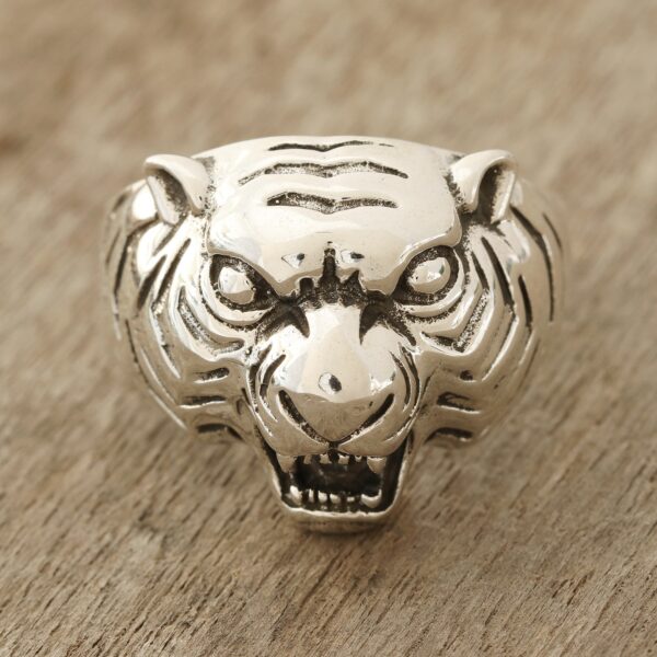 Men's Sterling Silver Tiger Ring Crafted in India, 'Ferocious Tiger'