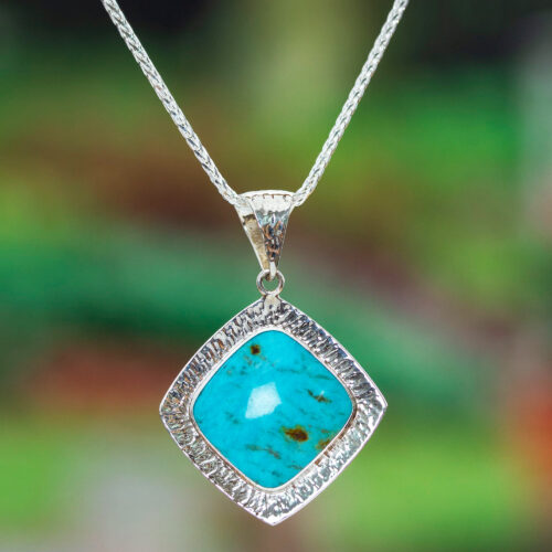 Minimalist-Inspired Natural Turquoise Pendant Necklace, 'Lagoon Diamond'