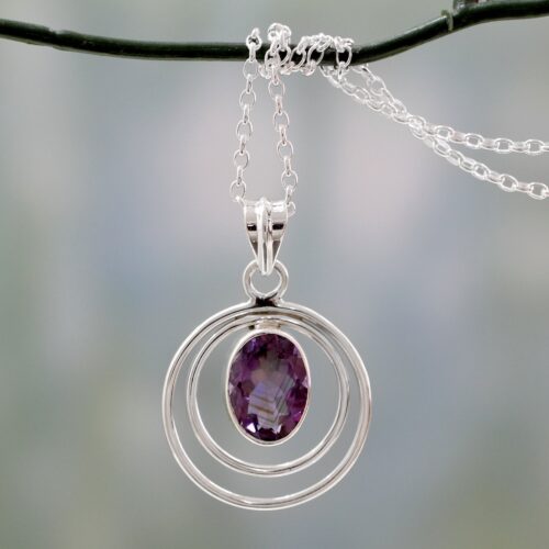 Modern Artisan Crafted Silver and Amethyst Pendant Necklace, 'Twin Halo'