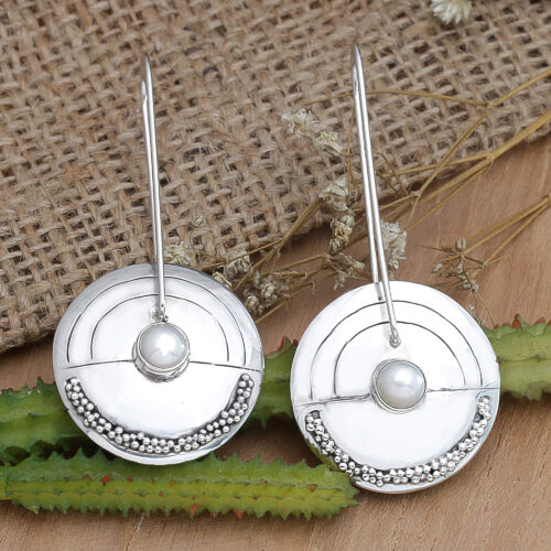Modern Pearl Sterling Silver Drop Earrings, 'Moonlight Sand'