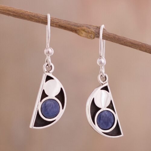 Modern Semicircle Sodalite Dangle Earrings from Peru, 'Blue Crescent Moon Phase'