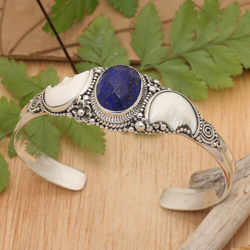 Moon-Themed Seven-Carat Lapis Lazuli Cuff Bracelet from Bali, 'Lunar Twins'