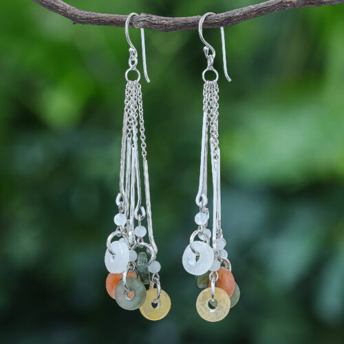 Multicolored Quartz and Jade Waterfall Earrings, 'Earthy Blend'