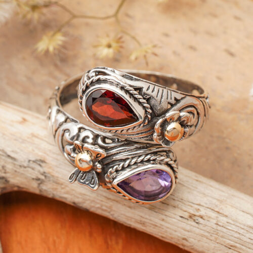 Nature-Inspired Balinese-Made Garnet and Amethyst Wrap Ring, 'Fluttering Jewels'