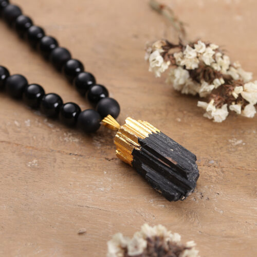 Onyx Agate Beaded Necklace with Gold-Toned Coated Tourmaline, 'Luxurious Essence'