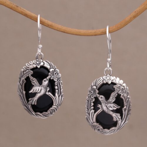 Onyx and 925 Silver Bird-Themed Dangle Earrings from Bali, 'Nature's Freedom'