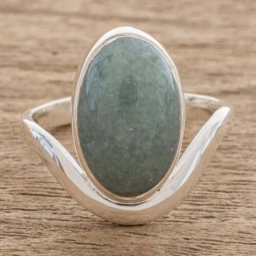 Oval Apple Green Jade Cocktail Ring from Guatemala, 'Mystery of the Earth'