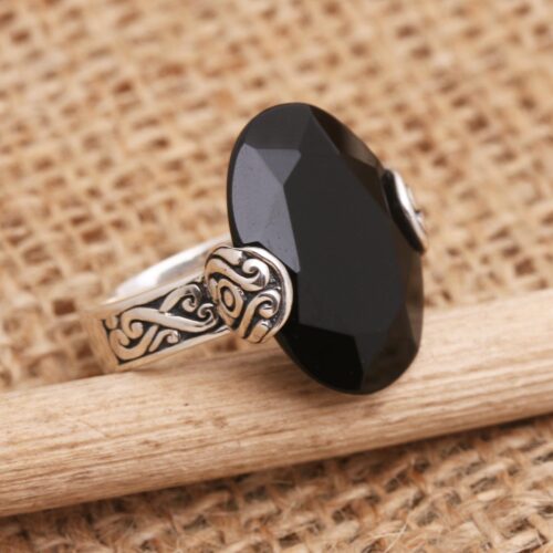 Oval Onyx and Sterling Silver Cocktail Ring from Bali, 'Mysterious Oval'