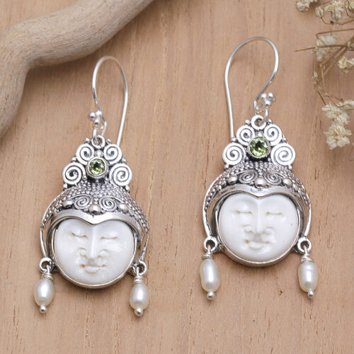 Pearl and Peridot Carved Bone Earrings, 'Day Dreamers'
