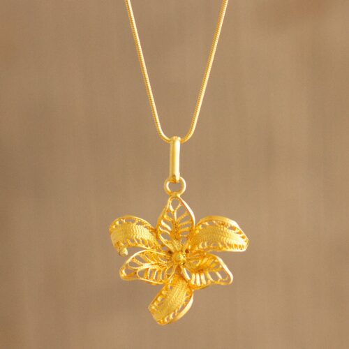 Peruvian Filigree Gold-Plated Orchid Pendant Necklace, 'Graceful Orchid'