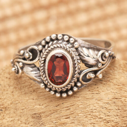 Polished Classic Faceted Garnet Cocktail Ring from Bali, 'Summer Crown'
