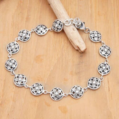 Polished Floral Sterling Silver Link Bracelet from Bali, 'Flower Heart'