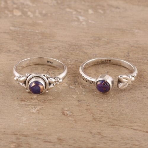 Purple Composite Turquoise and Sterling Silver Rings (Pair), 'Turquoise Beauty in Purple'