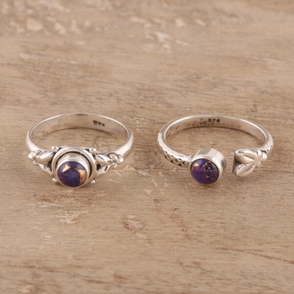 Purple Composite Turquoise and Sterling Silver Rings (Pair), 'Turquoise Beauty in Purple'