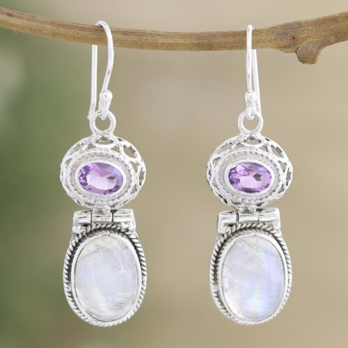 Rainbow Moonstone and Amethyst Dangle Earrings, 'Magic and Mysticism'