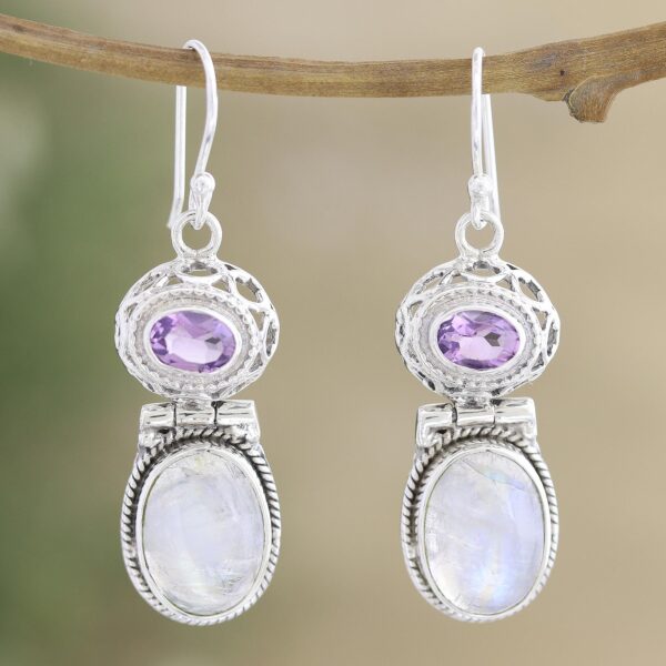 Rainbow Moonstone and Amethyst Dangle Earrings, 'Magic and Mysticism' Rainbow Moonstone and Amethyst Dangle Earrings, 'Magic and Mysticism'