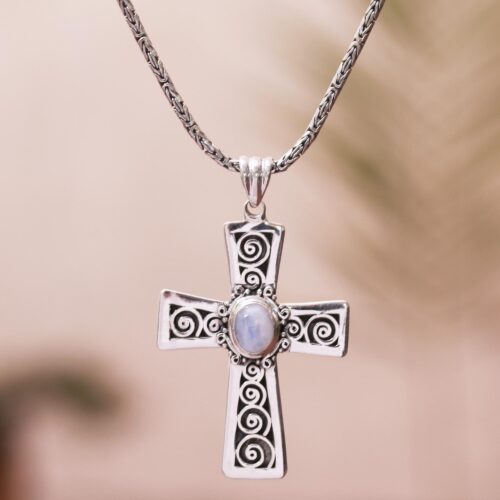 Rainbow Moonstone Cross Pendant Necklace from Bali, 'Mesmerizing Faith'