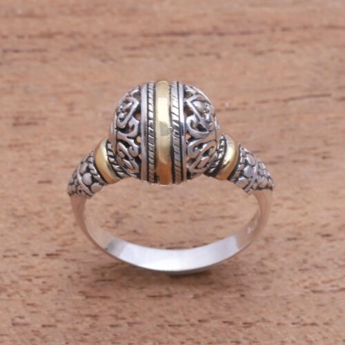 Round Gold Accented Sterling Silver Cocktail Ring, 'Patterned Orb'
