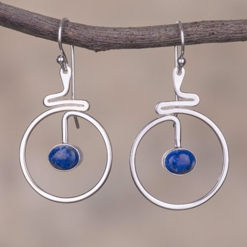 Round Lapis Lazuli Dangle Earrings from Peru, 'Swirling Moons'