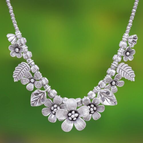 Silver 950 Flower Motif Pendant Necklace from Thailand, 'Nature's Miracle'
