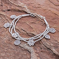 Silver beaded charm bracelet, Dainty Garden